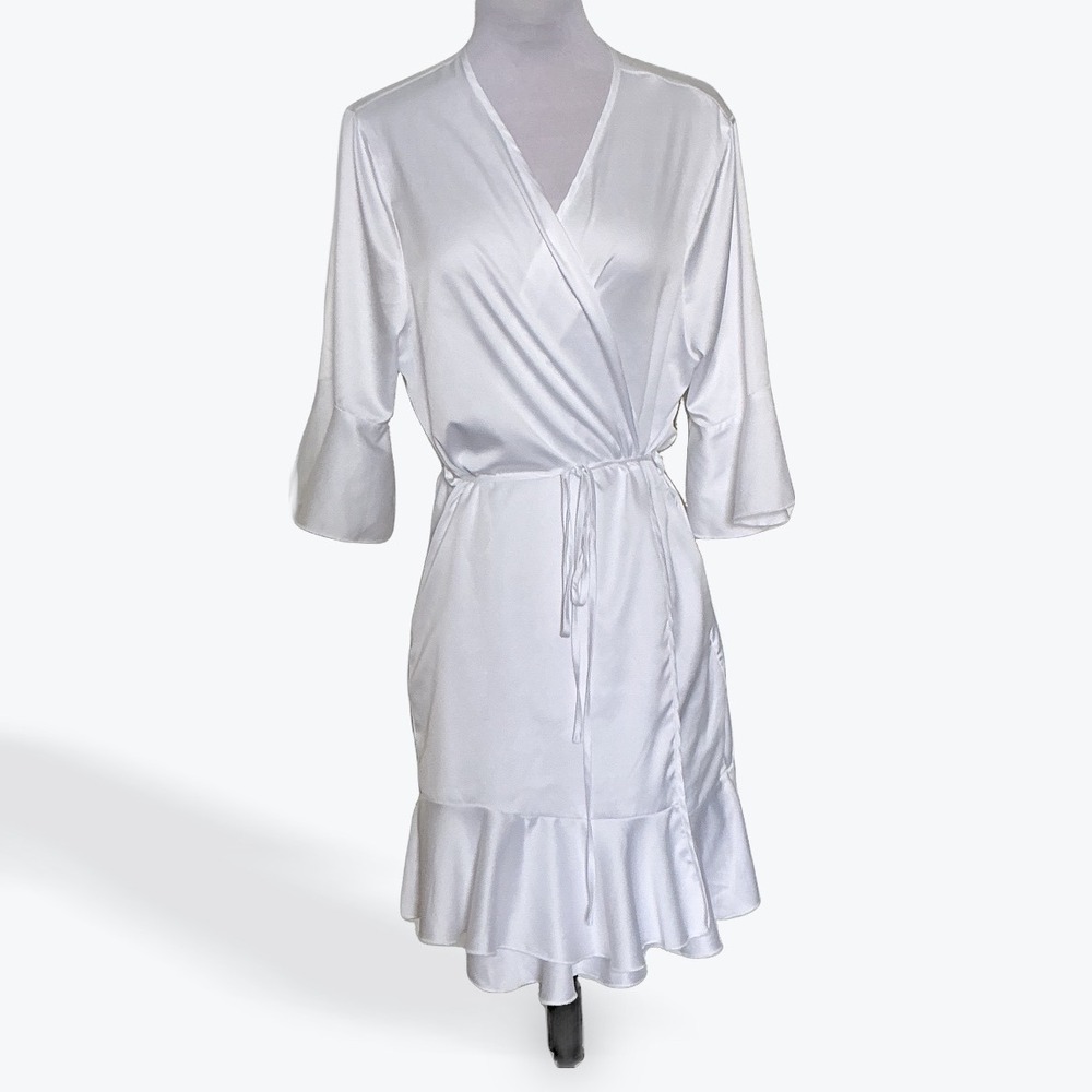 SIORO Womens White‎ Satin Robe Ruffle Hem Bell Sleeve Bridal Loungewear Small